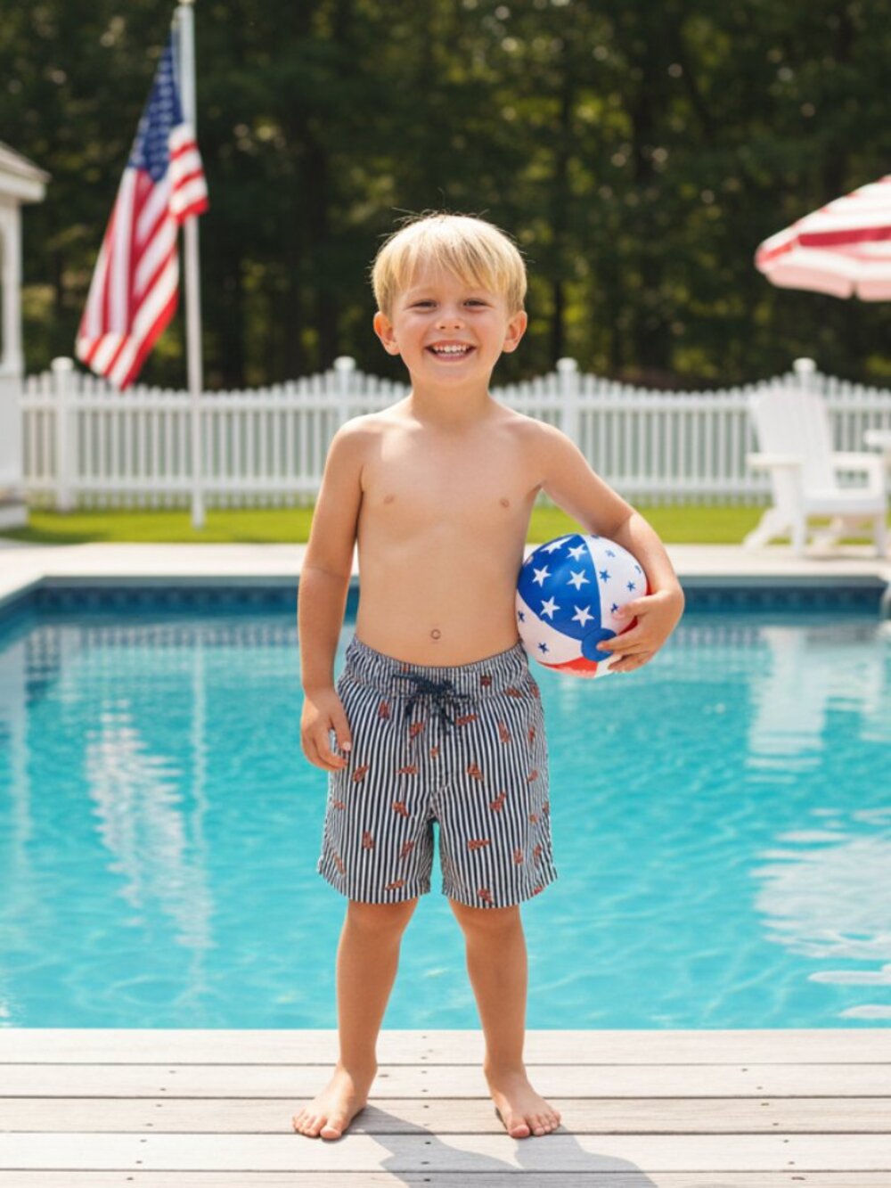 C&C California Navy & White Striped Boy Swim Trunks Red Lobster Print 5-6 7-8